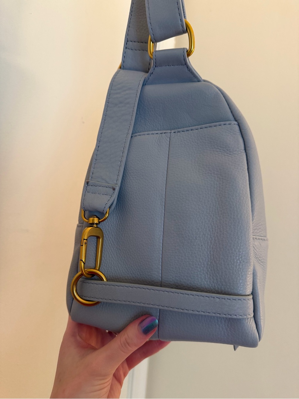 Hobo Leather Crossbody Fern Sling Bag Blue Pearl with Decorative Print - Picture 3 of 8